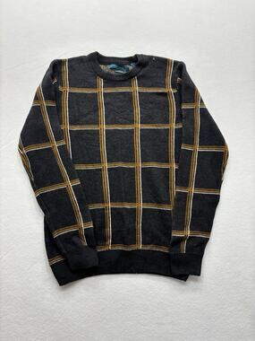 Perry Ellis Mens M Windowpane Plaid Crew Neck Sweater Charcoal Gray Gold Grid C7
